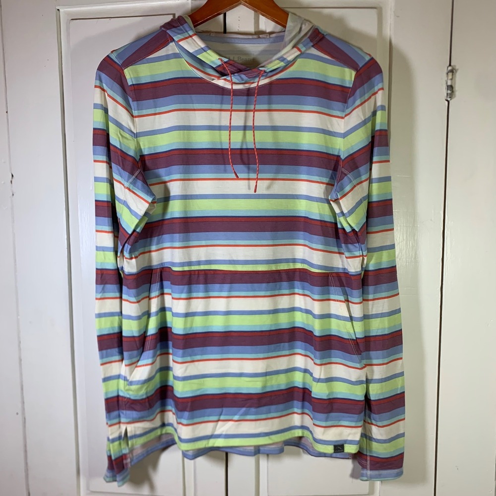 LL Bean Womens Striped Hooded Pullover Shirt LS M Kangaroo Pocket Multi Gorpcore
